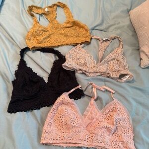 Lace Bralette Set in Pink, Black, Gold, and tan layer